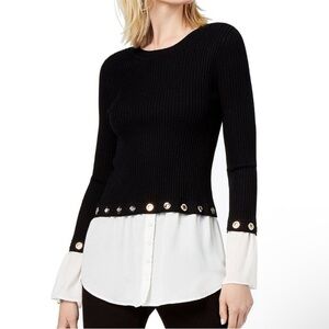 INC International Concepts Black and White Fitted Long Sleeve Blouse